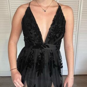 Black Velvet Floral Deep V Maxi Dress